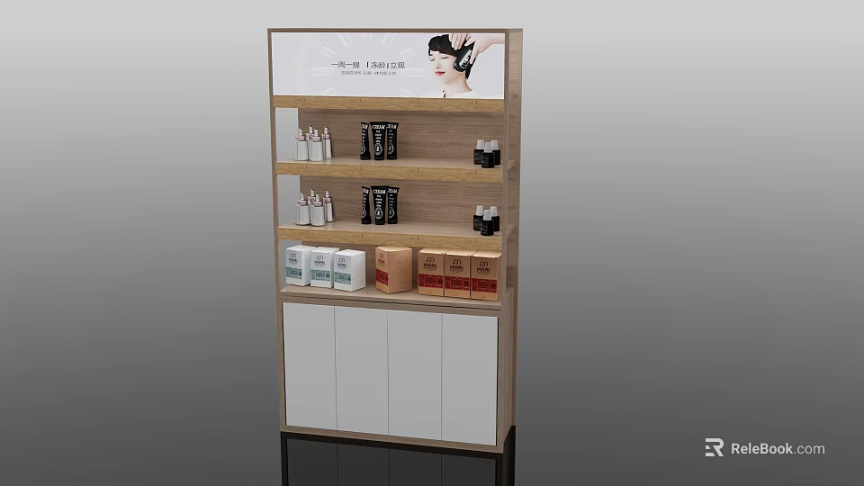 Modern Wooden White Display Shelf With Multiple Shelves Holding Cosmetic Products 3d model 