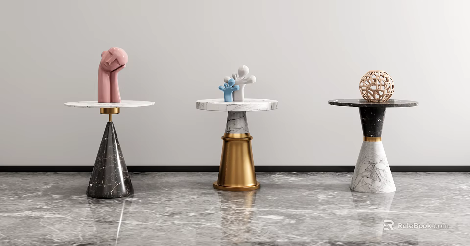 Modern Round Side Tables with Black Gold White Marble Metal Bases and Decorative Sculptures 3d model 