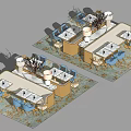 Two Modern Dining Table Sets With Blue Chairs Vases And Decorative Carpets 3d model