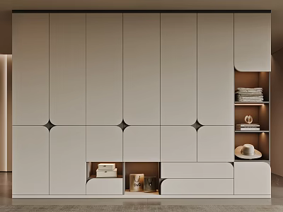 Modern Light Colored Wardrobe With Decorative Accents Bottom Drawers And Open Shelves 3d model