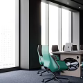 Modern Conference Room With Black Ceiling Large Windows Green Chairs Long Table Laptops Wall Art