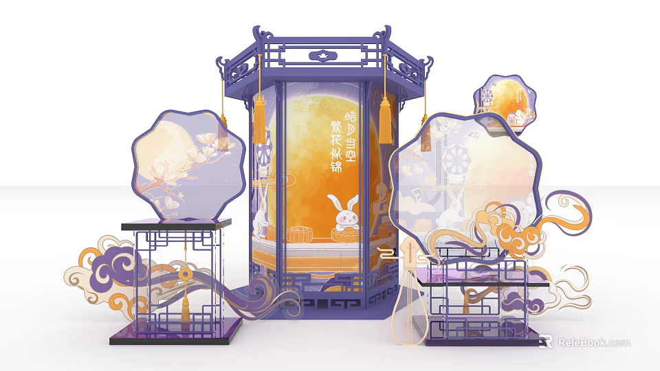 Traditional Mid-Autumn Lantern Display With Moon Rabbit And Purple Gold Auspicious Clouds 3d model 