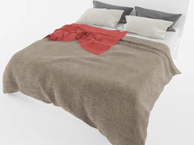Double Bed with Gray and White Pillows Brown Blanket and Red Decorative Cloth 3d model