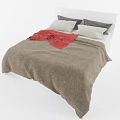 Double Bed with Gray and White Pillows Brown Blanket and Red Decorative Cloth