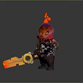 Fiery Red Hooded Creature With Glowing Eyes Holding Large Orange Key Weapon