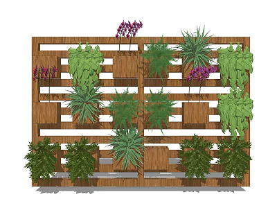 Vertical Wooden Garden Planter with Layered Green Plants and Purple Flowers 3d model