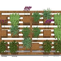 Vertical Wooden Garden Planter with Layered Green Plants and Purple Flowers