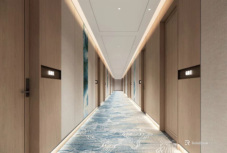Elegant Modern Hotel Corridor Interior With Patterned Carpet Wooden Doors And Soft Lighting 3d model 