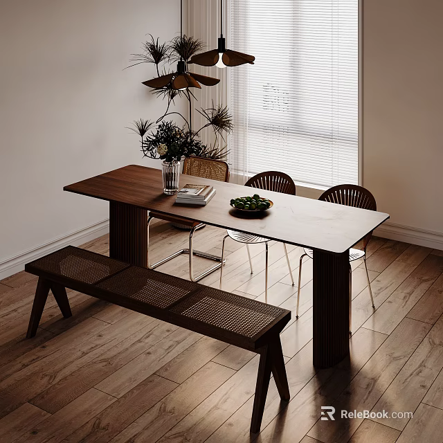Modern Wooden Dining Table Set With Chairs Bench Vase Flowers And Fruit Bowl Near Window 3d model 