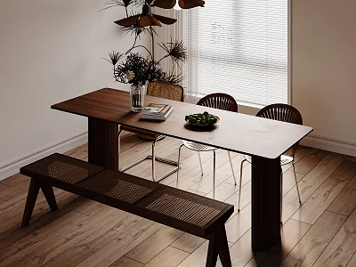 Modern Wooden Dining Table Set With Chairs Bench Vase Flowers And Fruit Bowl Near Window 3d model