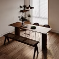 Modern Wooden Dining Table Set With Chairs Bench Vase Flowers And Fruit Bowl Near Window
