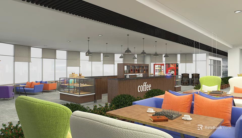 Bright Modern Cafe Interior With Colorful Sofas Wooden Tables And Pastry 3d model 