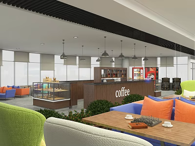 Bright Modern Cafe Interior With Colorful Sofas Wooden Tables And Pastry 3d model