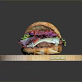 Freshly Prepared Hamburger On Wooden Cutting Board With Sesame Bun Lettuce Red Onion And Sauce