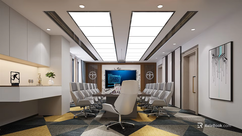 Modern Conference Room Interior Design With Large Table Comfortable Chairs Screen Display And Lighting 3d model