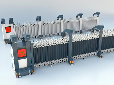 Public Facility Electric Retractable Gate With Metal Construction Retractable Sections And Red Display Screens 3d model