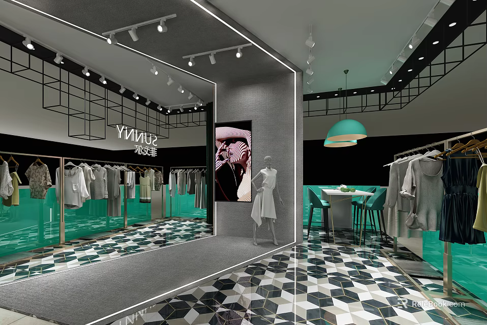 Vogue Style Clothing Store with Hanging Clothes Mannequin Mirror Pendant Light and Geometric Tile 3d model 