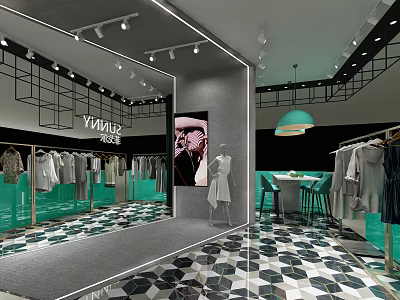 Vogue Style Clothing Store with Hanging Clothes Mannequin Mirror Pendant Light and Geometric Tile 3d model