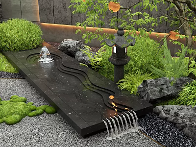 Japanese Garden Water Feature With Stone Slab Lantern Green Plants And Rocks 3d model