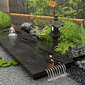 Japanese Garden Water Feature With Stone Slab Lantern Green Plants And Rocks
