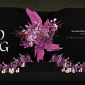 Elegant Banquet Hall With Purple Pink Floral Decorations And Geometric Backdrop Setup