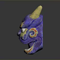 Artistic Animal Mask Featuring Purple Color Yellow Horns And Red Flame Patterns