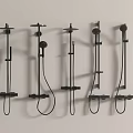 Five Modern Black Shower Faucet Systems Mounted Side by Side on Light Wall 3d model