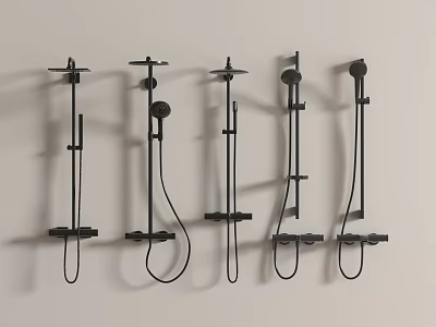 Five Modern Black Shower Faucet Systems Mounted Side by Side on Light Wall 3d model