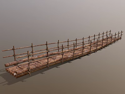 Long Traditional Bamboo Bridge Structure With Wooden Planks And Railings 3d model