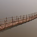 Long Traditional Bamboo Bridge Structure With Wooden Planks And Railings