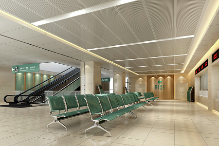 Modern hospital hall indication tag escalator registration rest waiting area 3d model