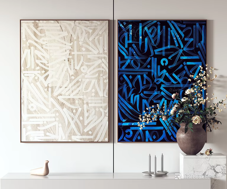 Light and Blue Abstract Paintings with Geometric Patterns for Interior Wall Art Decor 3d model