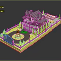 Two Story Red Brick House With Green Roof White Balcony Circular Fountain And Yellow Trees