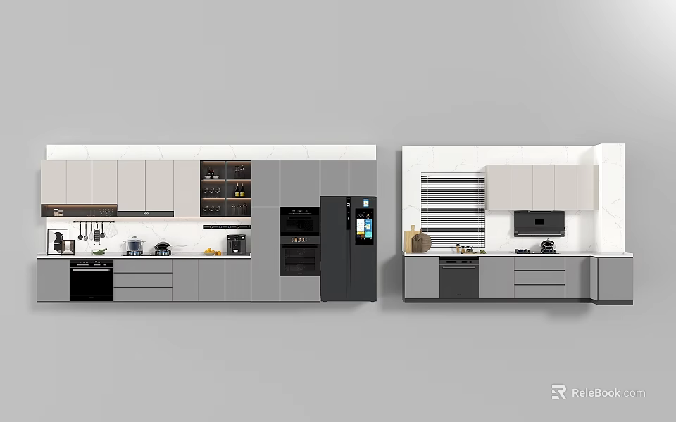 Sleek Modern Kitchen Utensils With Grey Cabinets Oven Refrigerator And Coffee Maker 3d model 
