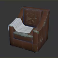 Red Worn Armchair With Peeling Surface And White Cloth On Seat