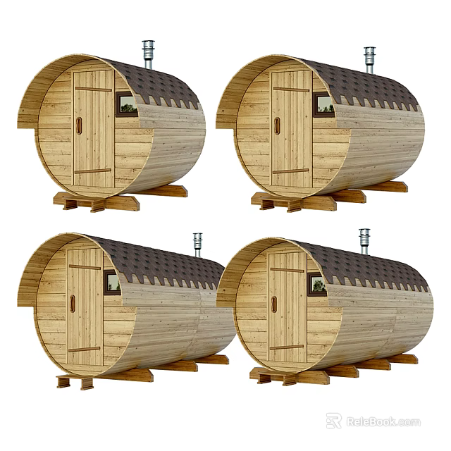 Wooden SPA Sauna With Round Design Wooden Door Small Window Dark Roof And Base Stand 3d model 