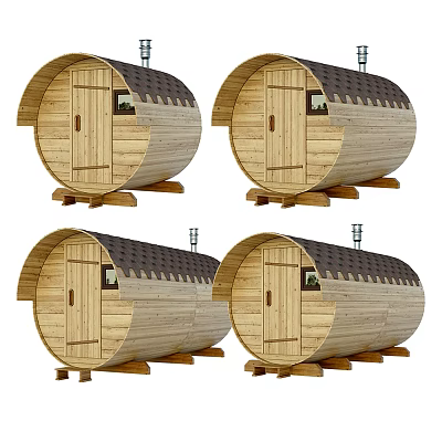 Wooden SPA Sauna With Round Design Wooden Door Small Window Dark Roof And Base Stand 3d model