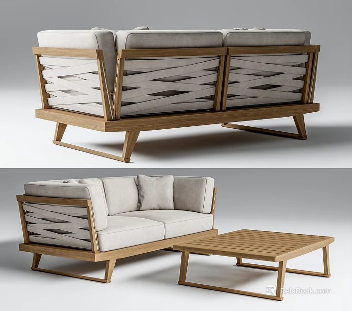 Outdoor Sofa With Wooden Frame Woven Design And Matching Coffee Table 3d model 