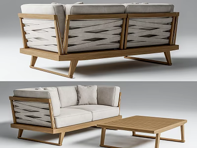 Outdoor Sofa With Wooden Frame Woven Design And Matching Coffee Table 3d model