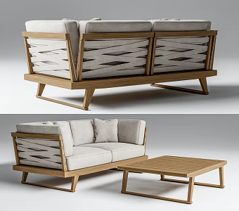 B & B Italia Outdoor Double Sofa Coffee Table Combination Outdoor Rattan Sofa Outdoor Coffee Table 3d model