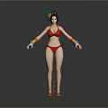 Woman In Red Bikini With Colorful Bracelets Green Feather Headpiece And Sandals