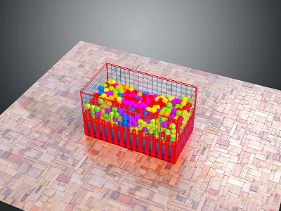 Red Metal Frame Ball Pit Filled With Colorful Plastic Balls On Brick Patterned Floor 3d model