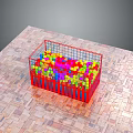 Red Metal Frame Ball Pit Filled With Colorful Plastic Balls On Brick Patterned Floor