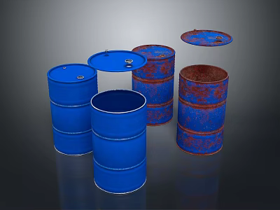 Blue And Rusty Metal Barrels With Open Lids In Studio Display Setup 3d model
