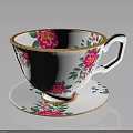 White Ceramic Teacup And Saucer With Pink Floral Pattern And Gold Trim