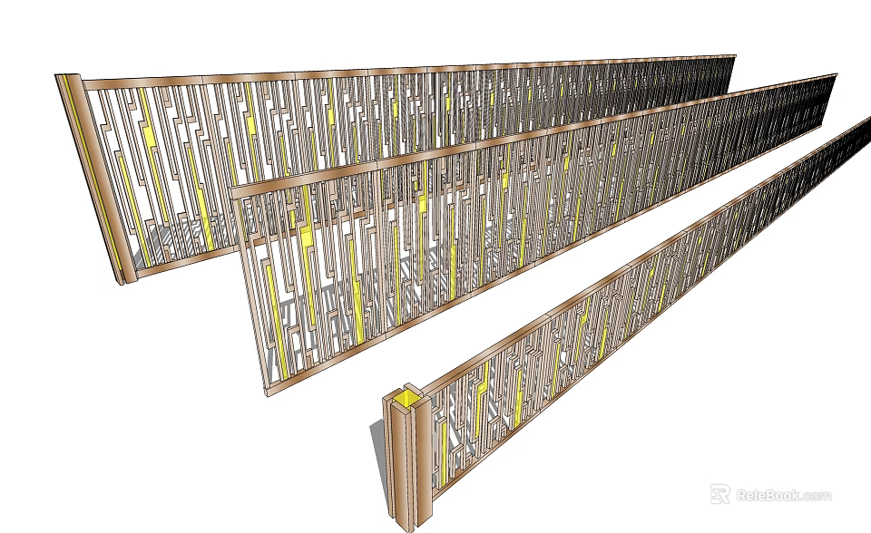 Modern Wooden Fence With Decorative Slatted Design And Yellow Accent Elements For Outdoor Use 3d model 