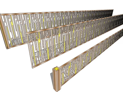 Modern Wooden Fence With Decorative Slatted Design And Yellow Accent Elements For Outdoor Use 3d model