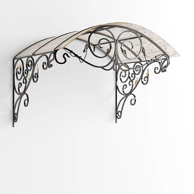 Ornate Wrought Iron Awning with Curved Scrollwork Design and Transparent Canopy 3d model