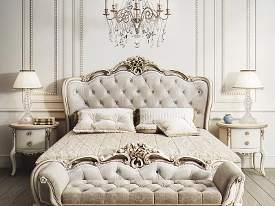 Elegant Double Bed with Ornate Carved Beige Upholstered Headboard Footstool Crystal Chandelier and Decorative Walls 3d model