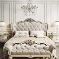 Elegant Double Bed with Ornate Carved Beige Upholstered Headboard Footstool Crystal Chandelier and Decorative Walls